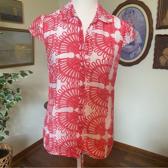 Lilly Pulitzer • Coral & White Cap Sleeve Silk Blend Top • Size XS • EUC - Picture 1 of 6
